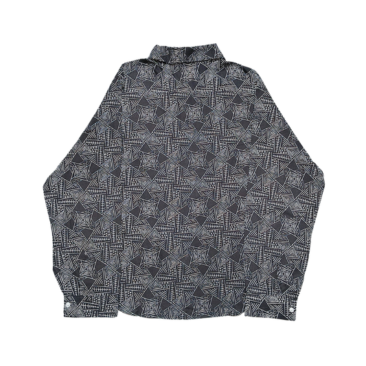 Black cotton shirt with white geometric line print, long sleeves, and buttoned cuffs – casual wear.