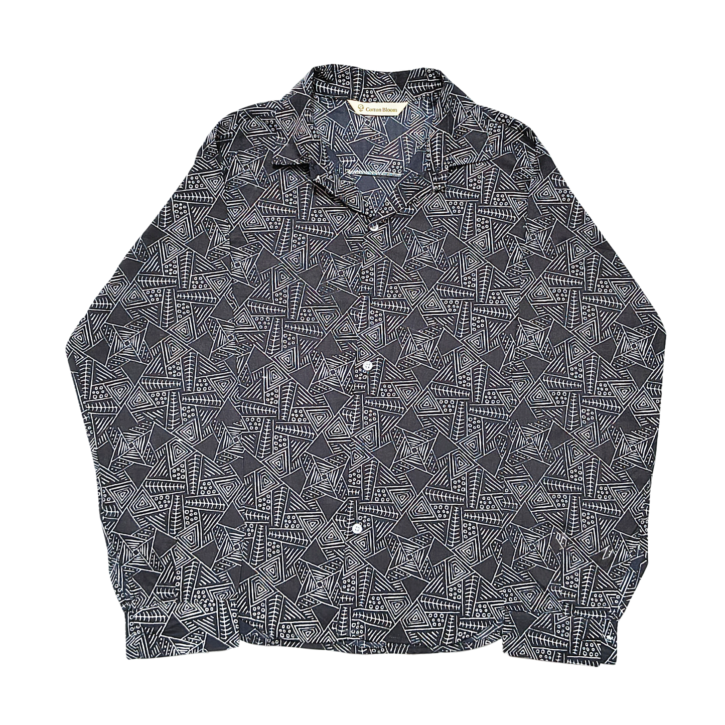 Black cotton shirt with white geometric line print, long sleeves, and buttoned cuffs – casual wear.