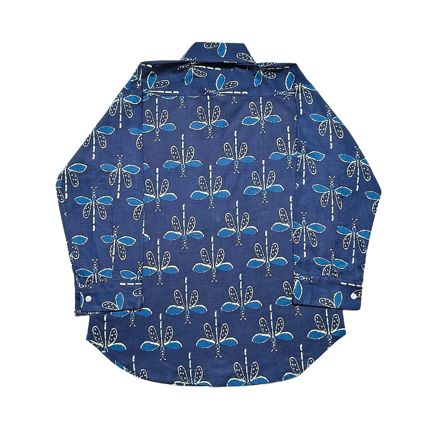 Blue cotton shirt with white butterfly print, full sleeves, and button-down front displayed on hanger.