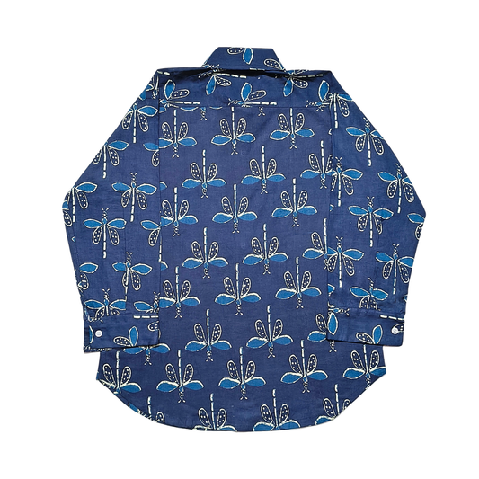 Blue cotton shirt with white butterfly print, full sleeves, and button-down front displayed on hanger.