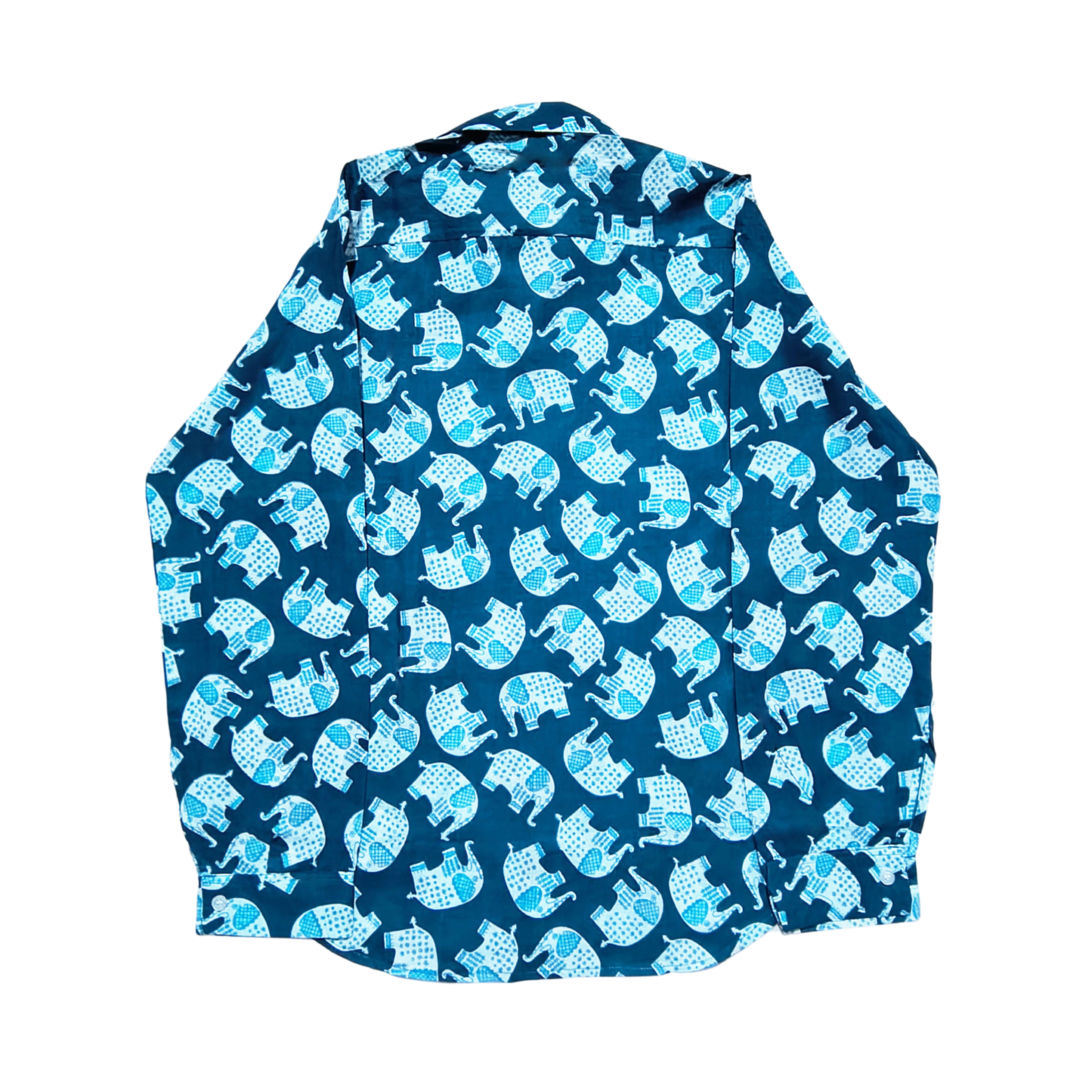 Blue cotton shirt with white elephant block print, long sleeve, casual wear.