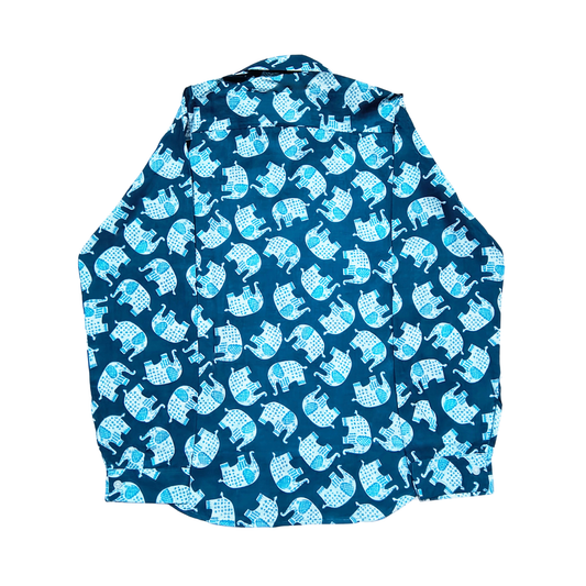 Blue cotton shirt with white elephant block print, long sleeve, casual wear.