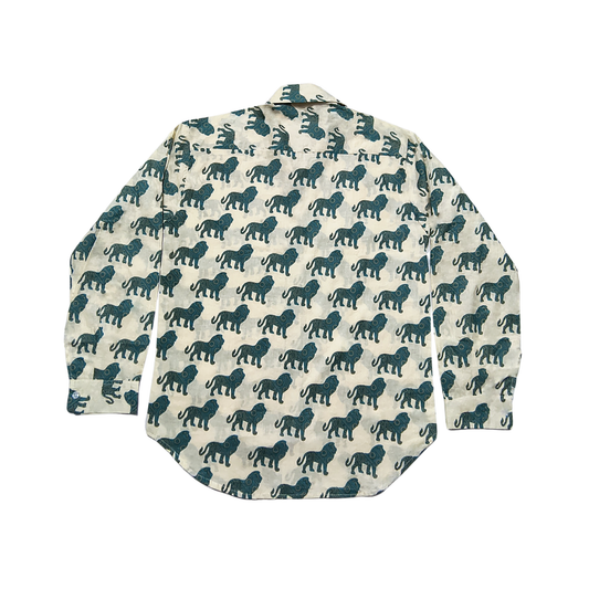 Cream cotton shirt with medium green tiger print, long sleeves, classic collar, casual wear