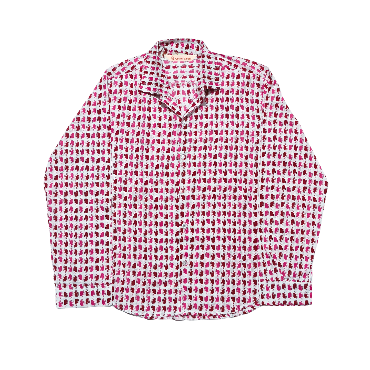 White cotton shirt with pink small elephant print, lightweight and comfortable casual wear