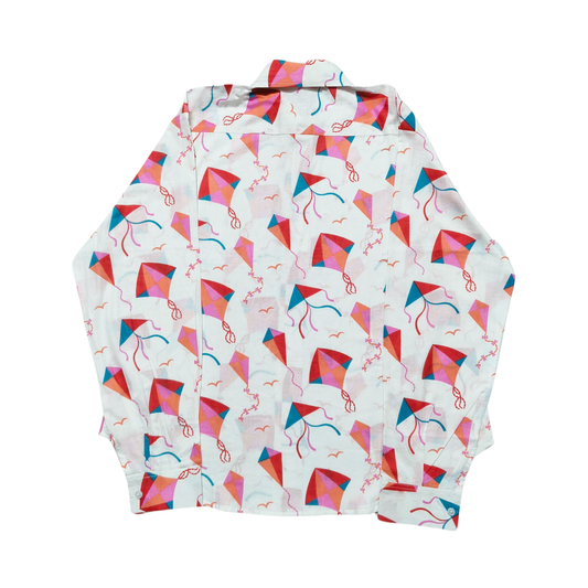 White cotton shirt with multicolor kite print and full sleeves