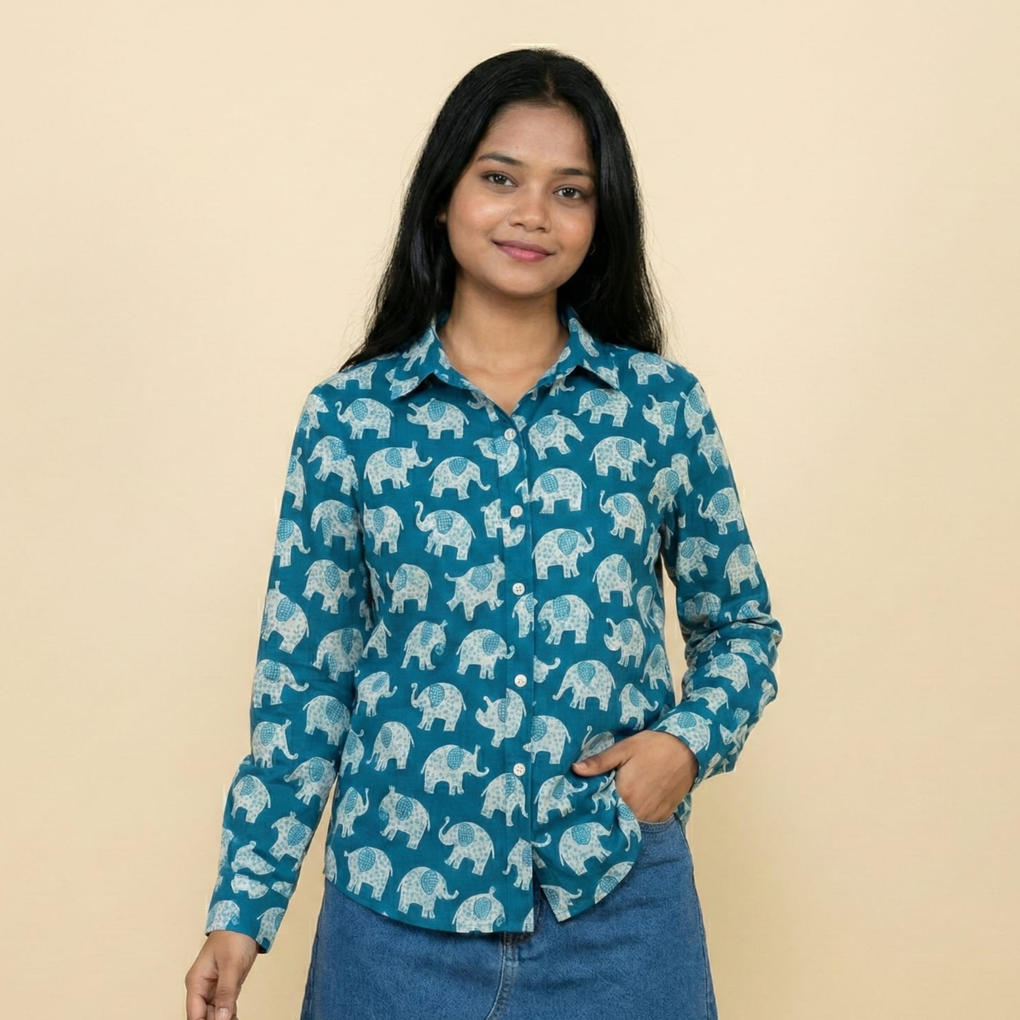 Kota Gaj Blue Elephant Cotton Shirt for Women