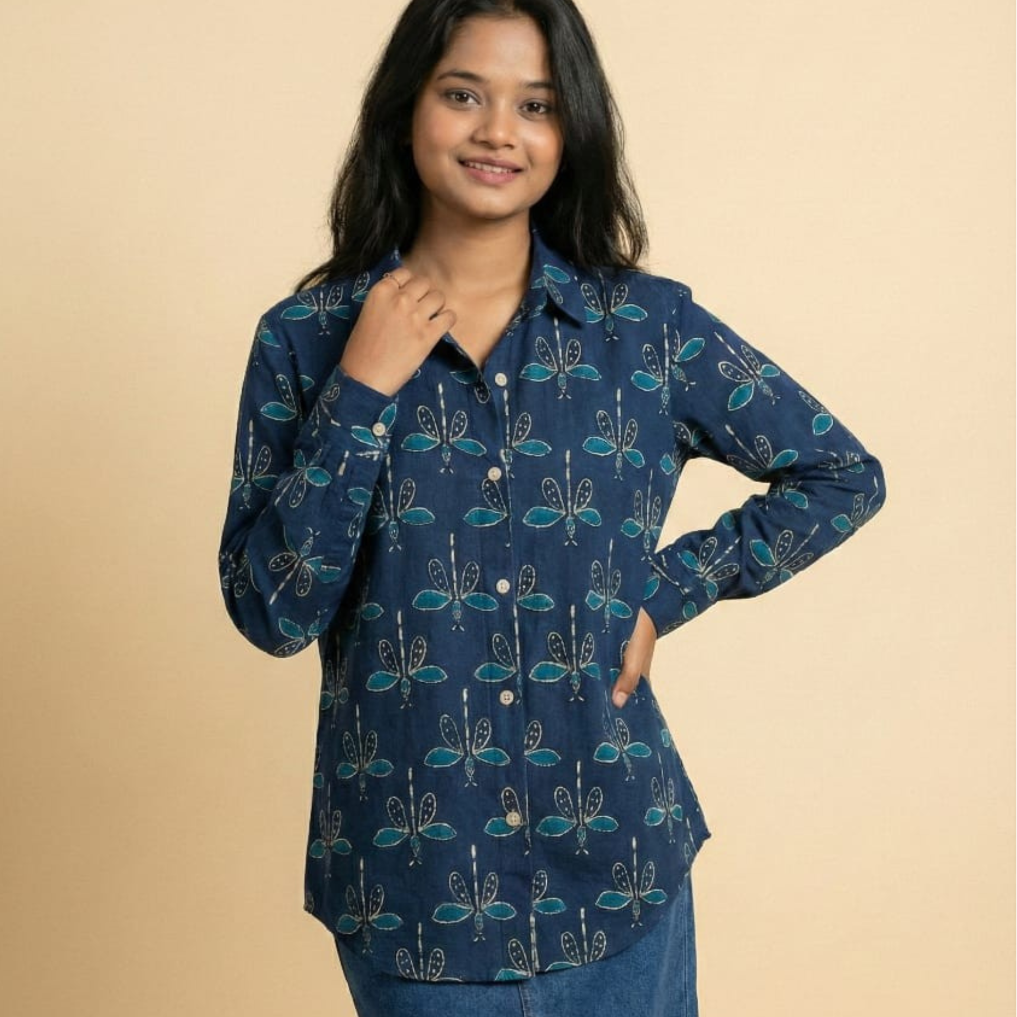 Pushkar Wings - Navy Dragonfly Cotton Shirt