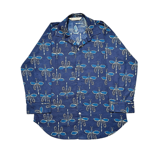 Blue cotton shirt with white butterfly print, full sleeves, and button-down front displayed on hanger.