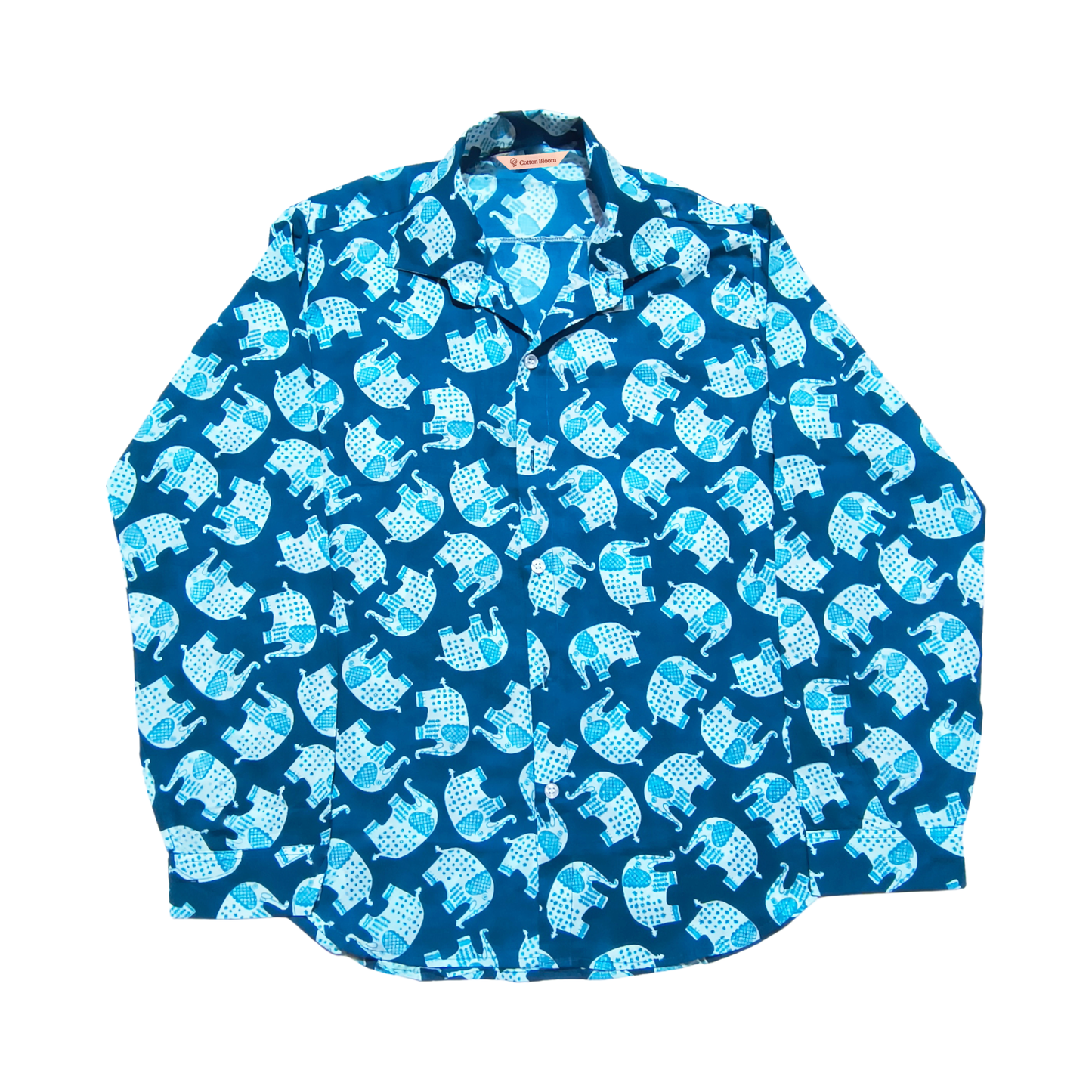 Blue cotton shirt with elephant motif print, long sleeve, casual wear.