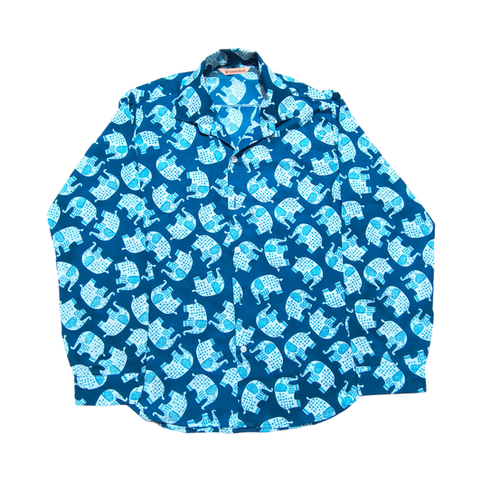 Blue cotton shirt with elephant motif print, long sleeve, casual wear.