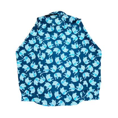 Blue cotton shirt with white elephant block print, long sleeve, casual wear.