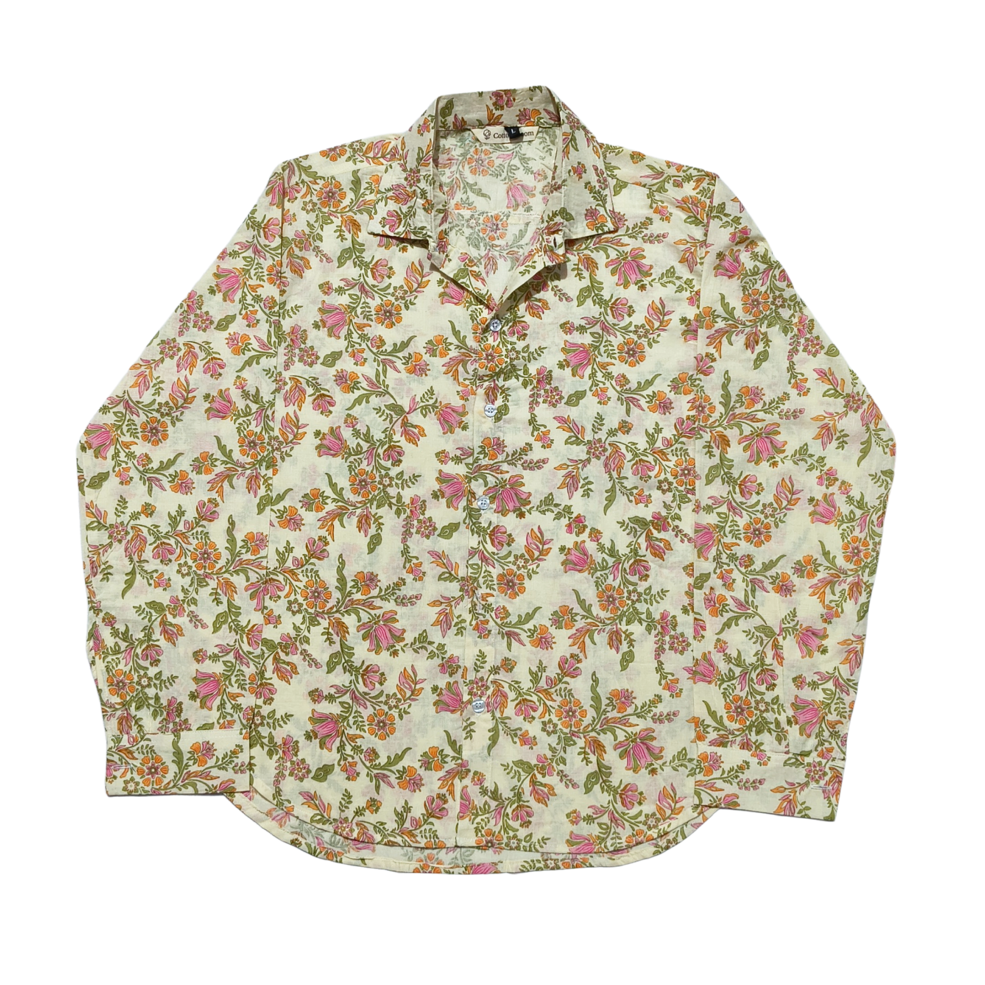 Unisex cream cotton shirt with vibrant floral print in pink, orange, and green, collared neckline, and long sleeves – Cotton Bloom.