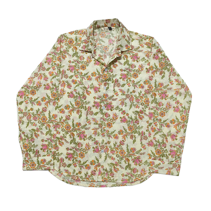 Unisex cream cotton shirt with vibrant floral print in pink, orange, and green, collared neckline, and long sleeves – Cotton Bloom.