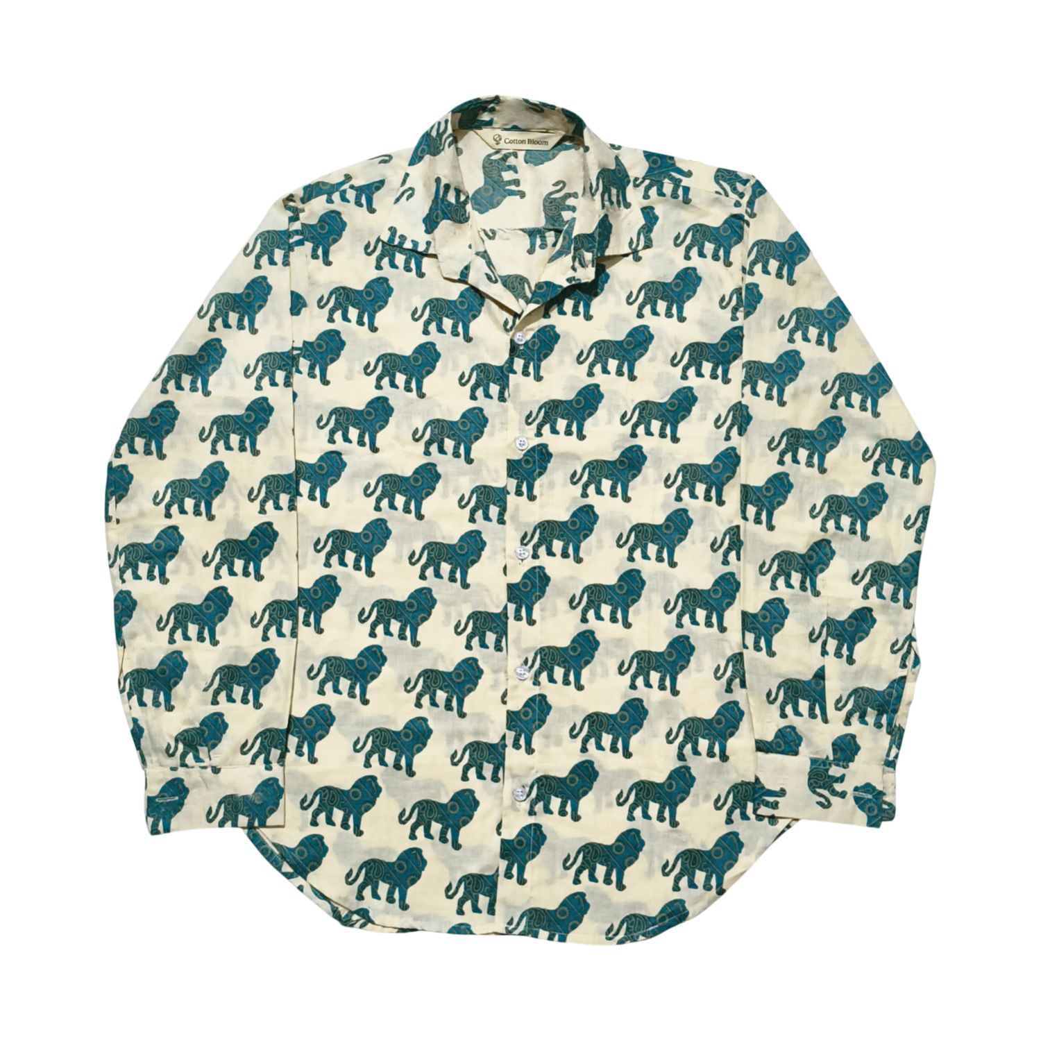 Cream cotton shirt with medium green tiger print, long sleeves, classic collar, casual wear