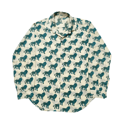 Cream cotton shirt with medium green tiger print, long sleeves, classic collar, casual wear
