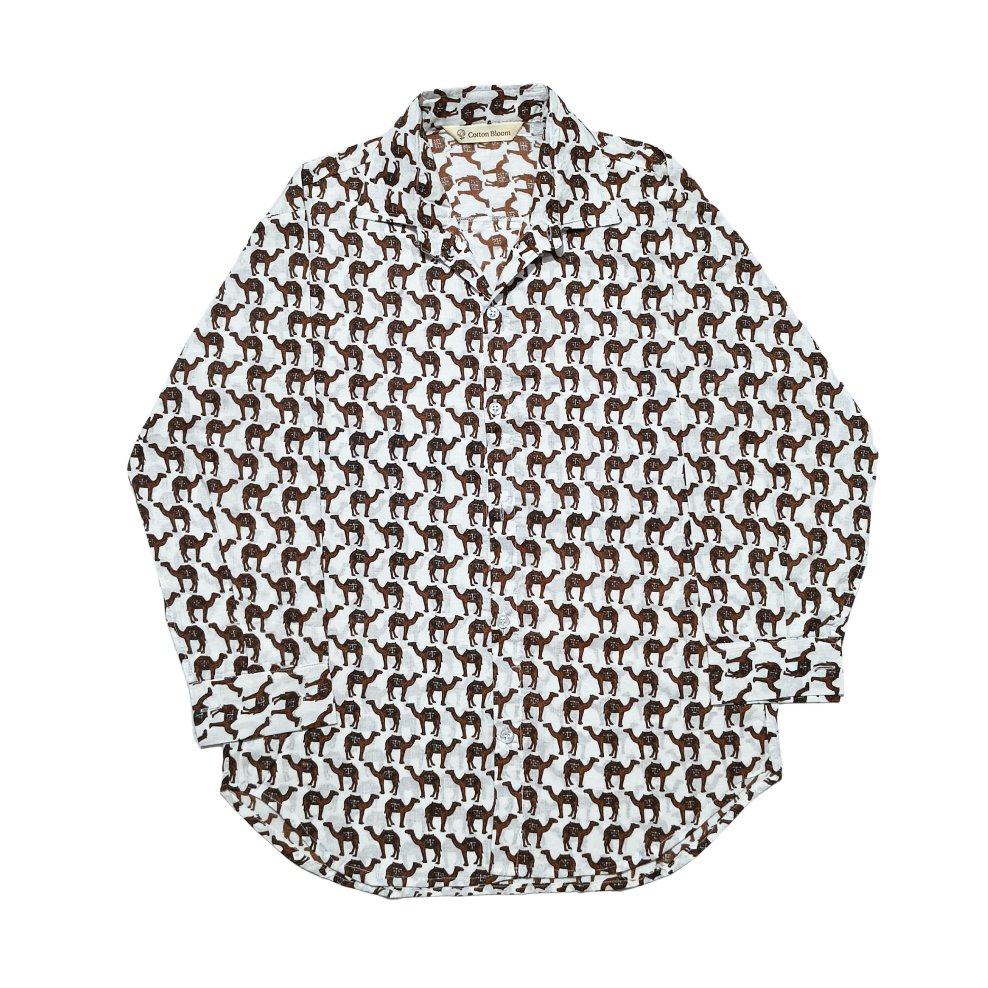 Unisex camel print cotton shirt with collared neckline and breathable fabric, inspired by desert motifs – Cotton Bloom