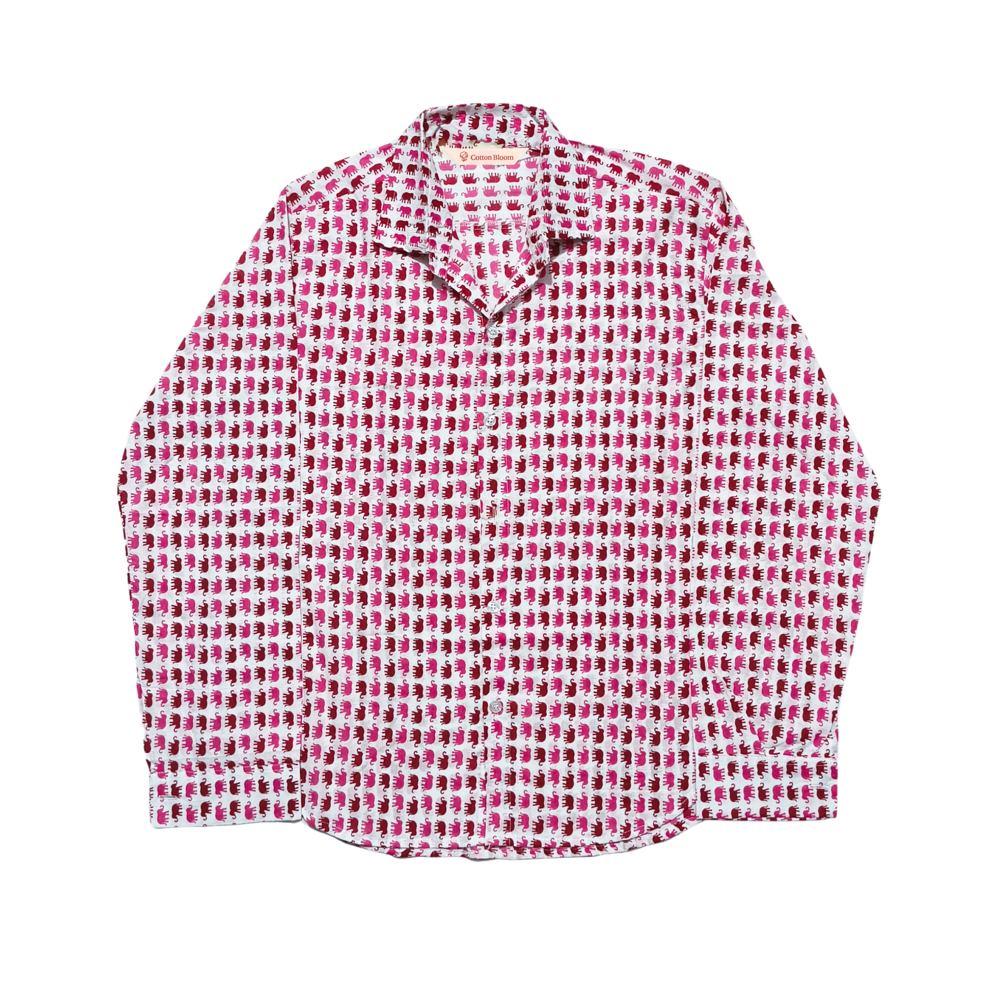 White cotton shirt with pink small elephant print, lightweight and comfortable casual wear