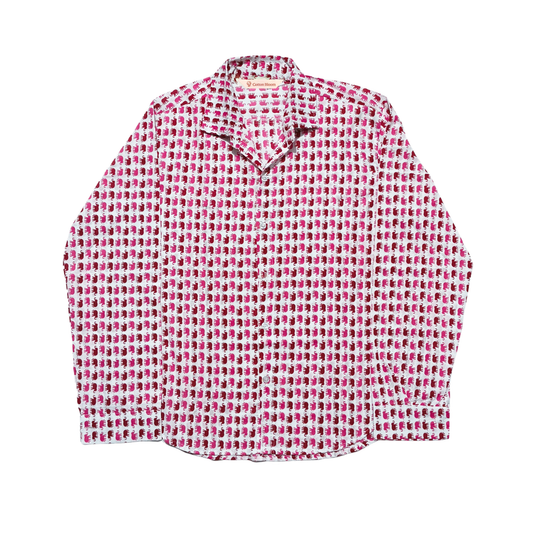 White cotton shirt with pink small elephant print, lightweight and comfortable casual wear