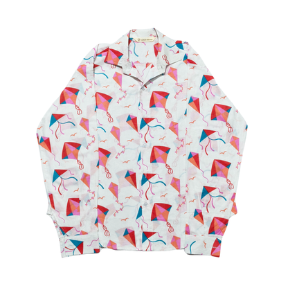 White cotton shirt with colorful kite print and full sleeves