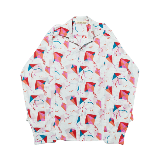 White cotton shirt with colorful kite print and full sleeves